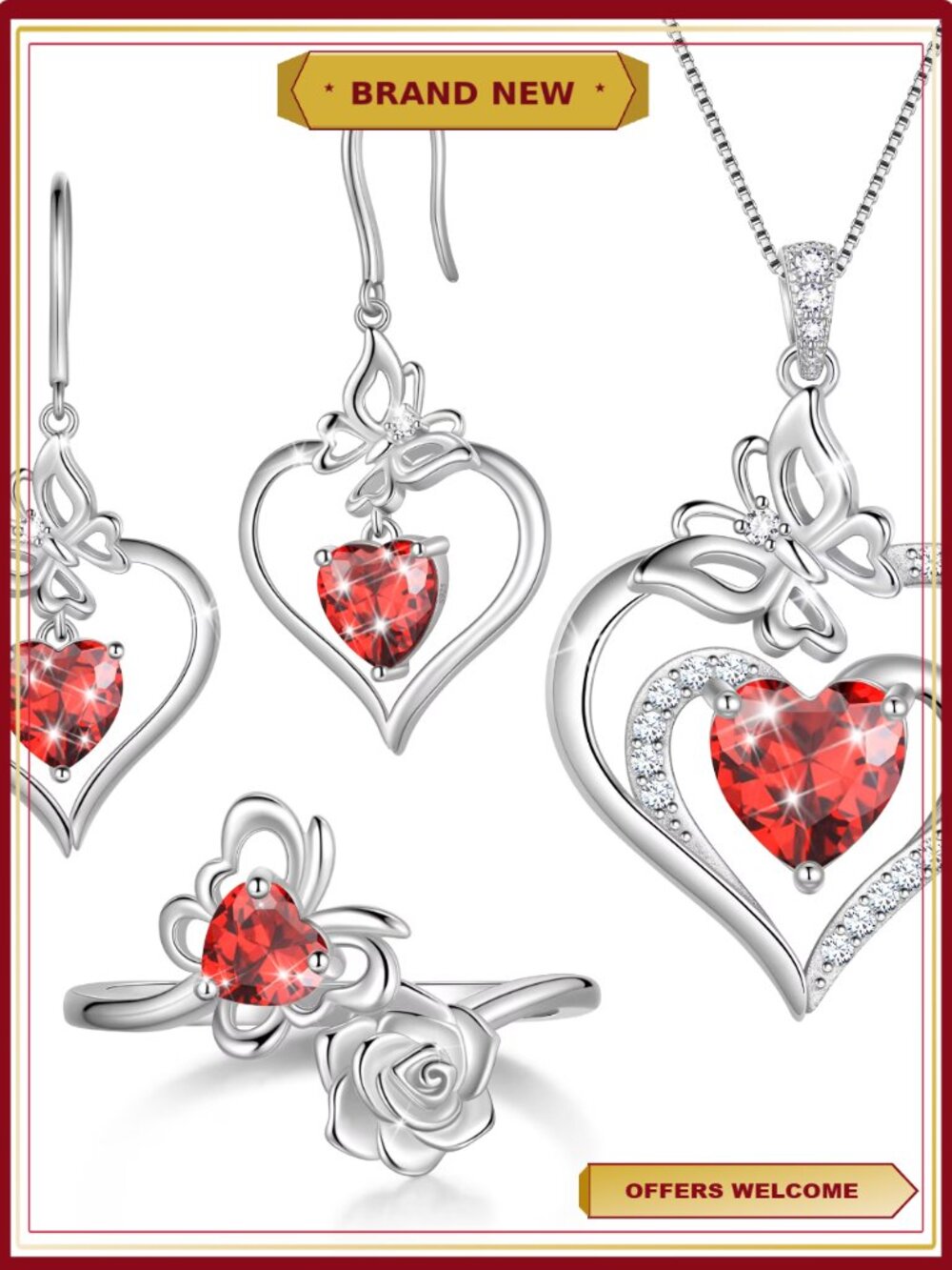 18K White Gold Plated Birthstone Jewelry Set - Necklace Earrings Ring